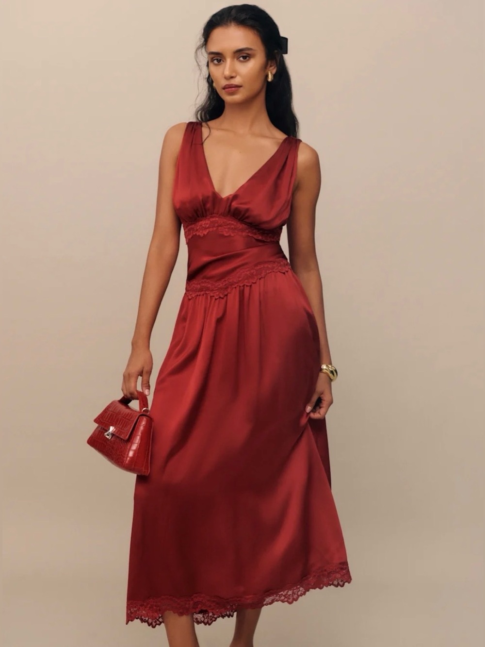 NWT Reformation Stasia Silk Dress in Sangre Size 10